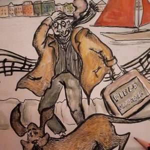 Programme image for "The Song Collector". A cartoon-style drawing. A man with glasses holds on to his hat. he is accompanied by his dog, and is holding a briefcase. The briefcase reads "FIELD RECORDER". In the background houses stand tall, and a boat with a red sail sails by. 