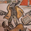 Programme image for "The Song Collector". A cartoon-style drawing. A man with glasses holds on to his hat. he is accompanied by his dog, and is holding a briefcase. The briefcase reads "FIELD RECORDER". In the background houses stand tall, and a boat with a red sail sails by. 