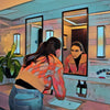 Poster image for "OCD Me". A woman looks at herself in the mirror of a bathroom. She is wearing a patterned sweater and denim jeans.