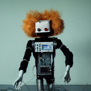 Poster image for "The Mandroid". A small robot-like puppet stands with its wires hanging from its guts. It has red hair and one red eye.